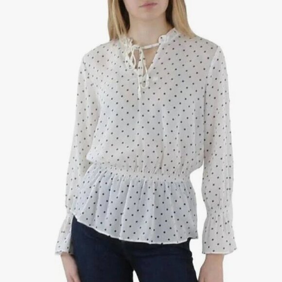 TOMMY HILFIGER Ruffle Tie Neck Peplum Top White Polka Dot Size S - Picture 1 of 9